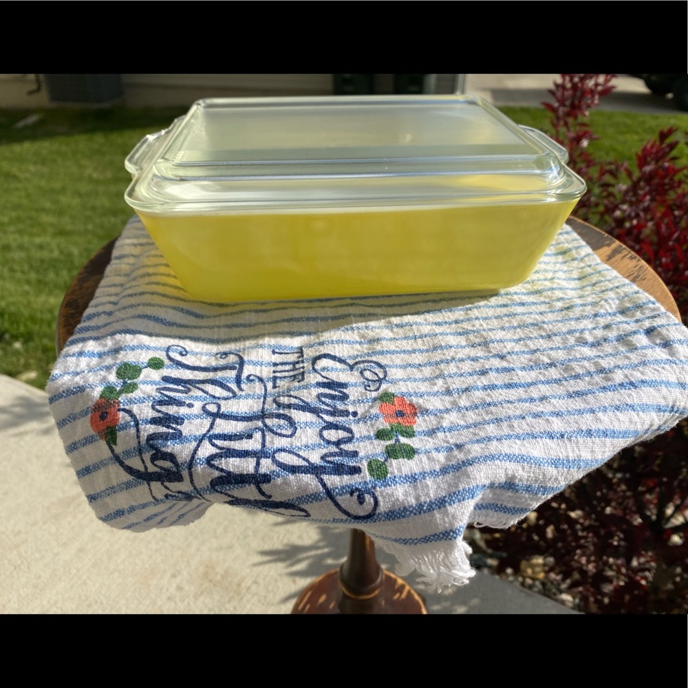 Vintage yellow Pyrex casserole dish with lid